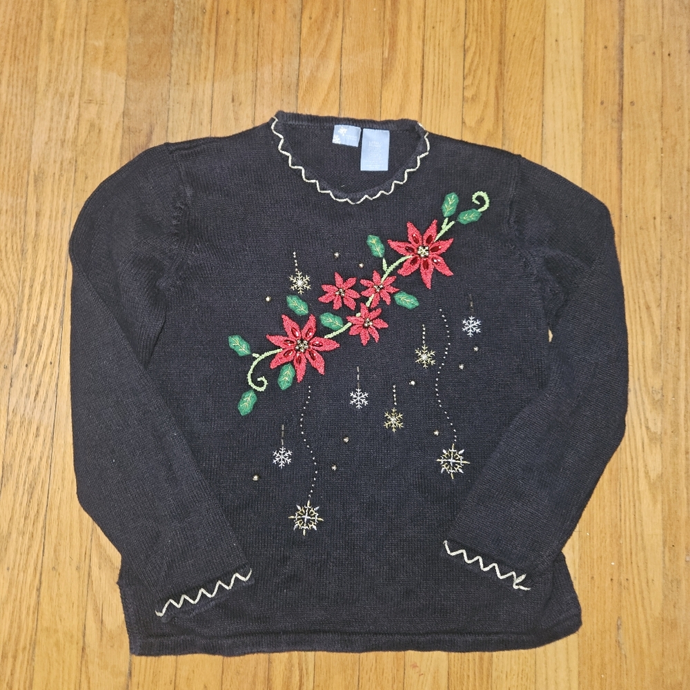 Holiday Editions Vintage Black Ugly Christmas Sweater Poinsettia Rhinestone L
